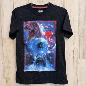 Universal Studios Men's XS Movie Mashup Tee Jurassic Park Jaws ET Back to Future